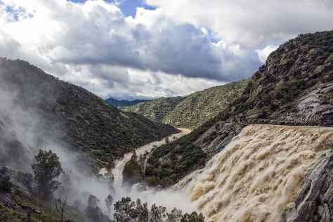 Excess water is released from a dam on the Jándula River in Andújar, Jaén, Spain. José Barranco Peña