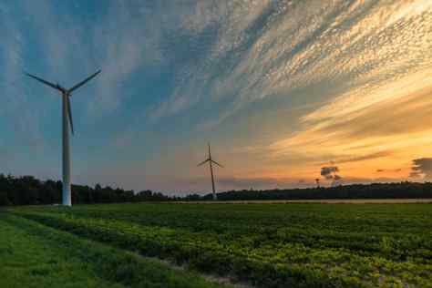 Wind turbines generating electricity in a field near Düsseldorf, Germany.